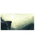Artistic 36x16 inches mouse pad with a mountain shrine, flowing river, and waterfalls, featuring sunlight streaming through mist.
