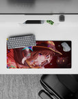Megumin anime mouse pad featuring a 28x12 inches design with her wild grin and Chomusuke, capturing explosive charm.