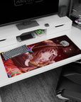 Megumin anime desk pad 36x16 inches featuring her wild grin, crimson eyes, and Chomusuke with vivid colors and dynamic energy.