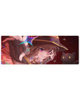 Mouse pad featuring Megumin from Konosuba, with a 32x12 inch size, showcasing her iconic grin and Chomusuke against a magical backdrop.
