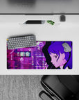 Kasumi Yoshizawa Persona 5 Royal mouse pad, 28x12 inches, with city skyline, cherry blossoms and neon signs, in vibrant purples.