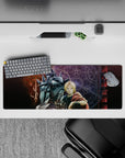 Purple glow anime mouse pad 32x12 inches, cracked stone backdrop, cold steel highlights, dramatic.