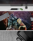 Purple glow anime desk pad 40x20 inches, cracked stone backdrop with cold steel highlights, intense vibe.