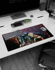 Edward Elric front pose with raised glove and Alphonse in armor behind on 32x16 inches anime mouse pad.