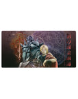Fullmetal Alchemist anime mouse pad 32x16 inches with Ed and Al, kanji side frame, stone backdrop.