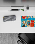 Retro teal background anime mouse pad 14x10 inches in red, white, and yellow panels, fun nostalgic vibe.