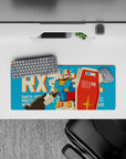 Teal background anime mouse pad 28x12 inches with retro red, white, and yellow panels, fun vibe.