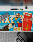 Teal background anime desk pad 40x20 inches with red, white, and yellow panels for a fun retro vibe.