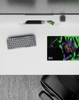 14x10 inches mouse pad showcasing Evangelion Unit-01, with neon green and purple accents on a sleek black background for an anime aesthetic.