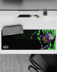 32x12 inches mouse pad featuring Evangelion Unit-01, with neon green and purple on a black background for a bold, minimalistic design.