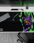 40x20 inches mouse pad featuring Evangelion Unit-01, with neon green and purple on a sleek black background for an iconic Evangelion look.