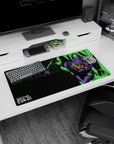 Modern 32x16 inches mouse pad showcasing Evangelion Unit-01, with neon green and purple accents against a sleek black backdrop.