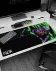 Large 40x20 inches mouse pad showcasing Evangelion Unit-01, with bold neon green and purple on a minimalistic black background.