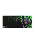 Mouse pad featuring Evangelion Unit-01 design, 28x12 inches, with neon green, purple, and black for a bold, Evangelion-inspired aesthetic.