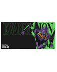 Mouse pad featuring Evangelion Unit-01 design, 32x16 inches, with neon green and purple accents on a sleek black background.