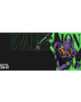Mouse pad featuring Evangelion Unit-01 design, 36x16 inches, with neon green and purple on a sleek black backdrop, ideal for anime fans.
