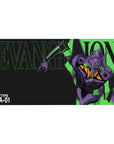 Mouse pad featuring Evangelion Unit-01 design, 40x20 inches, with neon green and deep purple accents against a sleek black background.