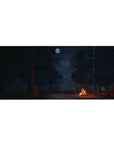 Moonlit forest 36x16 desk pad with a glowing campfire and a starry sky, adding warmth and tranquility to your desk for a peaceful workspace