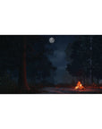 Moonlit forest 40x20 desk pad featuring a crackling campfire and a starry sky, perfect for creating a peaceful, nature-inspired workspace