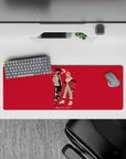 32x12 inches mouse pad featuring Aki and Power, with a red backdrop and urban fashion aesthetic for a bold and minimalist style.