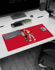 Modern 32x16 inches mouse pad with Aki and Power, featuring urban fashion and a minimalist red backdrop for a stylish anime look.