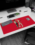 Artistic 36x16 inches mouse pad featuring Aki and Power in urban streetwear, with a minimalist style and bold red backdrop.