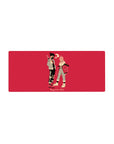 Mouse pad featuring Aki and Power, 28x12 inches, with streetwear style and a bold red backdrop for a modern, fashion-forward design.