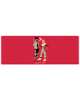 Compact 32x12 inches mouse pad with Aki and Power, in streetwear, set against a bold red backdrop for a sleek, fashion-forward vibe.