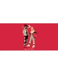 Mouse pad featuring Aki and Power, 36x16 inches, with a red backdrop, urban fashion aesthetic, and sleek minimalist style for attitude.
