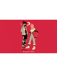 Mouse pad featuring Aki and Power, 40x20 inches, with a bold red backdrop and urban streetwear aesthetic for a fashion-forward look.