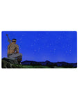 Mouse pad featuring warrior design, 32x16 inches, with deep blues and stars, capturing a serene moment of strength and quiet reflection.