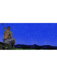 Mouse pad featuring warrior design, 36x16 inches, with a star-filled sky and deep blues, symbolizing strength and serenity in a peaceful moment.