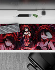 Dark red and black 36x16 inches anime desk pad with moody romance, swirling petals, and vivid gothic glow.