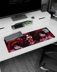32x12 inches Kurumi Tokisaki mouse pad, sweet-danger grin, aiming pistol, petals drifting in dark light.
