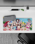 28x12 inches cute summer anime mouse pad in bright blue, black, red, white, lime, and pink tones.