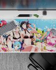 Bright summer anime desk pad 40x20 inches, blue sky vibe with red, white, lime, and pink hair pops.