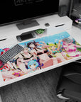 Black-haired anime girl in black bikini and glasses on desk pad 40x20 inches, pool selfie splash scene.