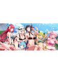 36x16 inches anime girl desk pad with bikini friends, glasses, horns, and splashing poolside summer art.