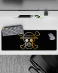 32x12 inches mouse pad with the Straw Hat Pirates' golden Jolly Roger from One Piece, capturing bold adventure in a minimalistic black-and-gold design.