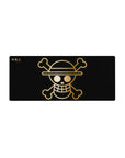 Mouse pad featuring the Straw Hat Pirates' golden Jolly Roger from One Piece, 28x12 inches, with a refined gold outline on a black background.