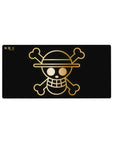 Mouse pad featuring the Straw Hat Pirates' golden Jolly Roger from One Piece, 32x16 inches, with a refined gold outline on a black background.