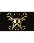 Desk pad featuring the Straw Hat Pirates' golden Jolly Roger from One Piece, 40x20 inches, with a sleek golden outline on a black background.