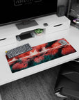 Artistic 32x12 inches mouse pad featuring abstract design, with bold strokes of red, black, and teal for a dynamic and creative effect.