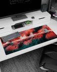 Artistic 36x16 inches desk pad featuring abstract design, blending bold red, black, and teal strokes for a creative, energetic touch.