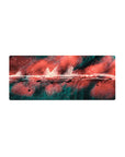 Mouse pad featuring abstract design, 28x12 inches, with red, black, and teal strokes for a bold, energetic, and creative workspace feel.