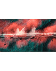 Desk pad featuring abstract design, 40x20 inches, with bold strokes of red, black, and teal for a dynamic, creative workspace vibe.