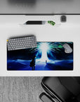 Cosmic 28x12 mouse pad with Eren Yeager and Ymir Fritz under the radiant Paths Tree, creating an ethereal and otherworldly feel at your desk