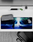Ethereal 32x12 mouse pad featuring Eren Yeager and Ymir Fritz under the radiant Paths Tree for a cosmic, otherworldly design on your desk