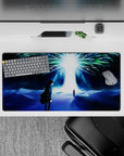 Mystical 32x16 mouse pad featuring Eren Yeager and Ymir Fritz under the radiant Paths Tree, with deep blues and cosmic greens for a captivating design