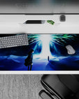 Otherworldly 36x16 desk pad featuring Eren Yeager and Ymir Fritz beneath the radiant Paths Tree, creating a cosmic and ethereal workspace vibe